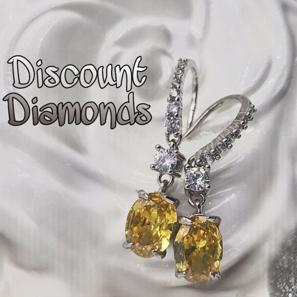 Oval Cut Yellow Diamond Earrings with Clear White Baguette Diamonds 925… - Picture 3 of 9